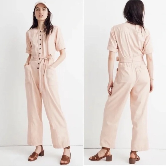 Madewell Size 14 Top-Stitched Coverall Utility Straight Leg Jumpsuit Blush Pink - Picture 1 of 8